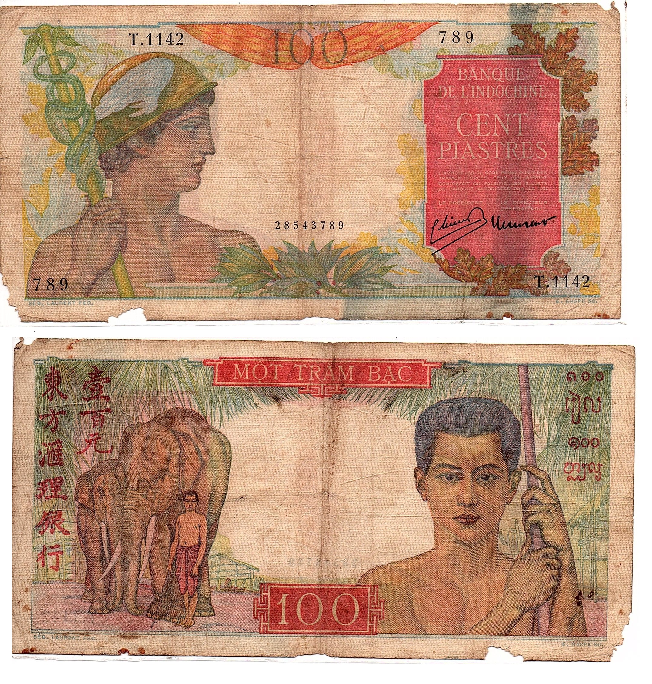 French Indochina #82a/VG5  100 Piastres / Yuan / Đồng / Kip / Ri